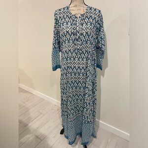 Debbie Katz South Beach Blue & White Casual Bishop Sleeve Tunic 100% Cotton EUC